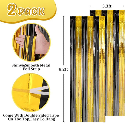 2 Pack Black and Gold Foil Fringe Backdrop Curtains, Tinsel Streamers Birthday Party Decorations, Fringe Backdrop for Graduation, Baby Shower, Gender Reveal, Disco Party