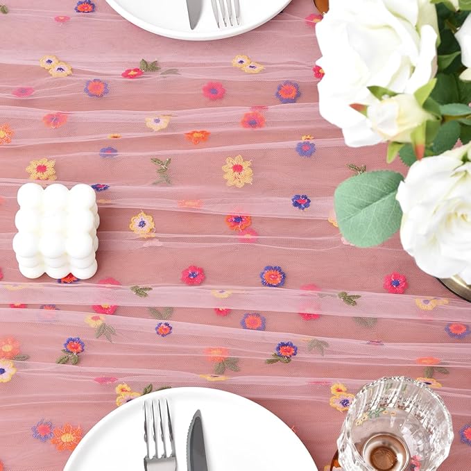 Joanlody Blushing Pink Embroidery Daisy Fall Thanksgiving Table Runner Florals Seasonal Tulle Table Runner Holiday Kitchen Dining Table Decoration for Home Party Indoor