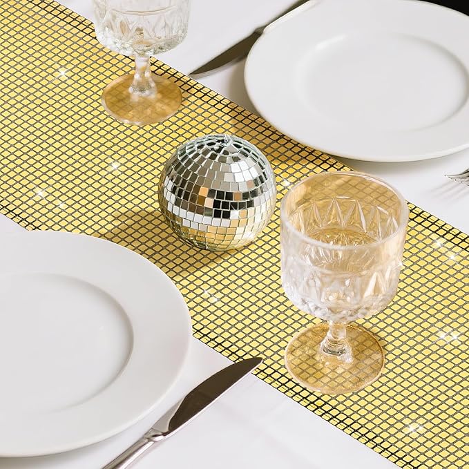 SquarePie Disco Table Runner Mirror Glitter Black and Gold Sequin Runner for 70s 80s Disco Dance Bachelorette Party Supplies Table Decorations (12x108 Inches ,2 Pack)