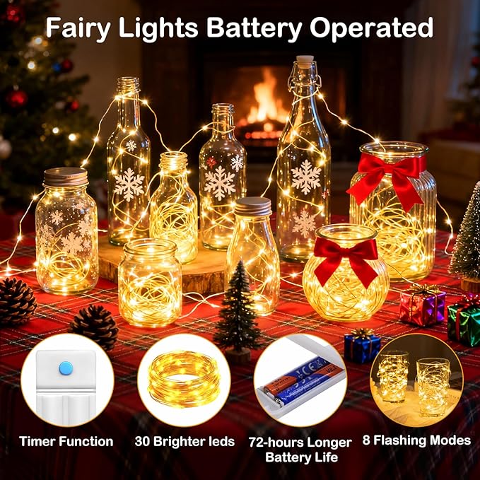 ZNYCYE 50 LED Fairy Lights with Timer,8.2Ft 8 Modes Battery Operated Fairy Lights, 6 Pack Mini Led String Lights for DIY Wedding Bedroom Mason Jar Vases Table Party Christmas Decoration (Warm White)