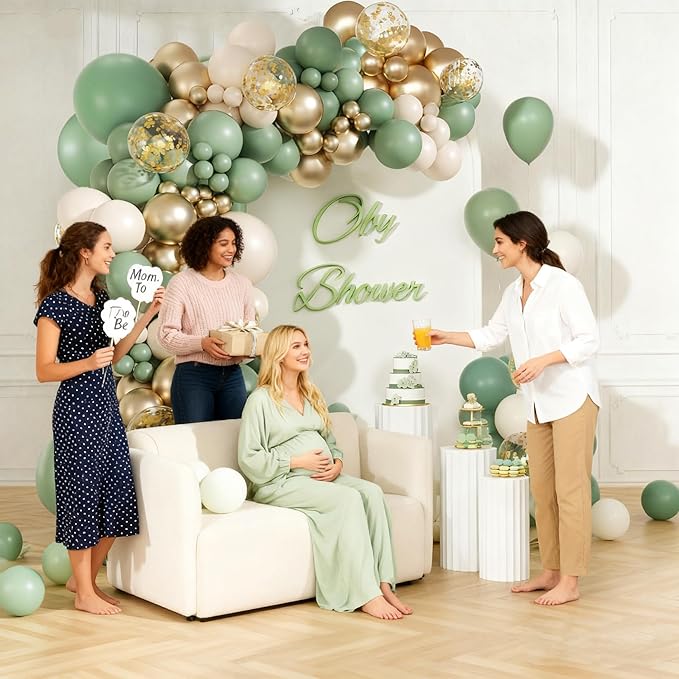 Sage Green Balloon Arch Kit, 141pcs Sage Green Gold Sand White Balloons for Wedding Engagement Anniversary Bridal Shower Baby Shower Birthday Jungle Safari Party Decorations