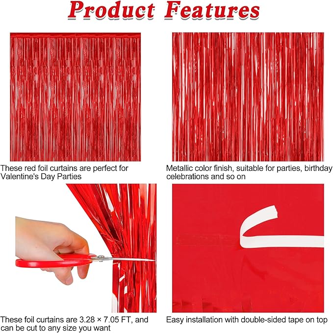 2 Pack Red Tinsel Backdrop, 3.28 FT x 7.05 FT Fringe Curtains, Red Foil Tinsel Party Streamer Backdrop Curtains, Wedding Photo Backdrop Party Decorations for Wedding Anniversaries