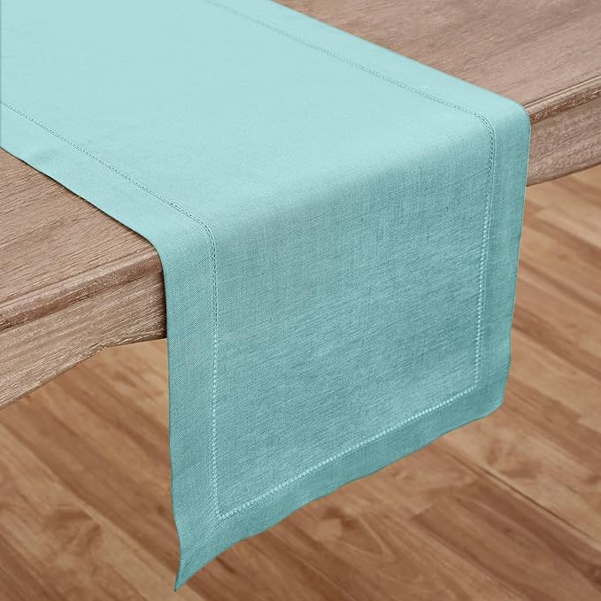 Solino Home Linen Aqua Blue Table Runner 48 Inches - Classic Hemstitch, 100% Pure Linen Coffee Table Runner 14 x 48 Inch Ideal for Dresser Tables