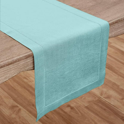 Solino Home Linen Aqua Blue Table Runner 108 Inches Long - 100% Pure Linen Hemstitch 14 x 108 Inch Table Runner for Dining - Classic Hemstitch