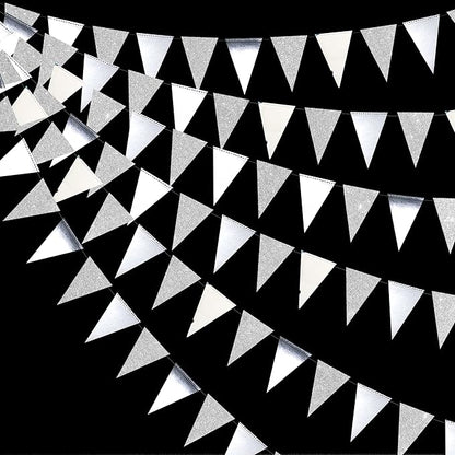 30 Ft Silver Party Decorations Glitter Metallic Paper Triangle Banner Flag Garland Pennant Bunting for Graduation Wedding Engagement Anniversary Bachelorette Birthday Baby Bridal Shower Party Supplies