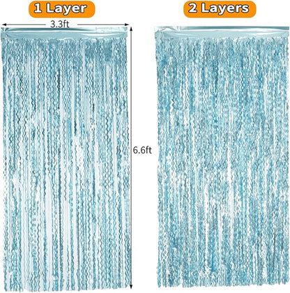 4 Pack Wavy Blue Foil Fringe Curtain 3.3x6.6 Feet | Blue Streamers Tinsel Backdrop for Under The Sea Party Decorations | Ocean Backdrop | Mermaid Birthday Decorations