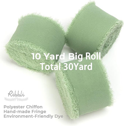Ribbli Sage Green Chiffon Ribbon 1-1/2 inch x 30 Yard Handmade Fringe Chiffon Sage Silk, Sage for Wedding Invitations, Bridal Bouquets Wrapping, Flower Arrangement Decoration