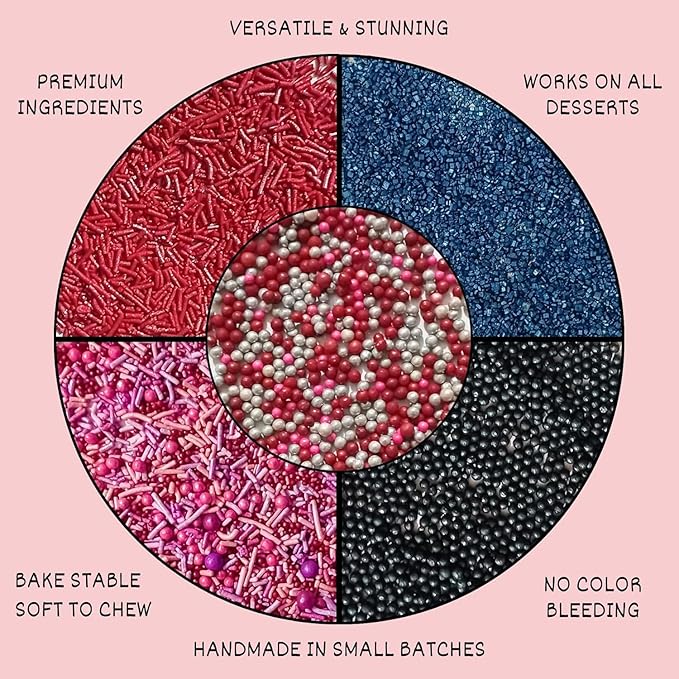 Confect Edible Sprinkles for Cake Decorating - Red Jimmies, Blush Pink Red Gun Metal Silver Pearl Mix with Navy Sparkling Sugar | Vegan, Gluten-Free, Dessert Topping - 5 Oz