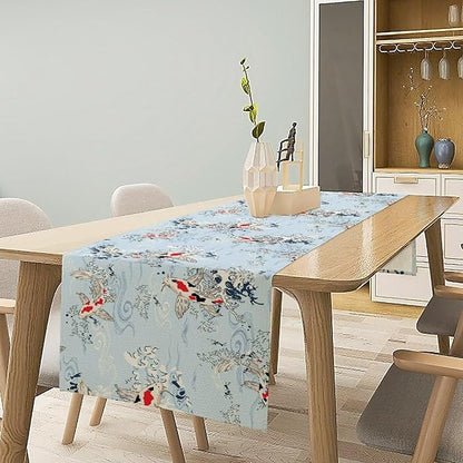 Kio Fish Table Runner Waves Retro Japanese Tradition Art Printed Burlap Runner Home Kitchen Dining Table Living Room Decor Fabric 1 Panel W13xL60in
