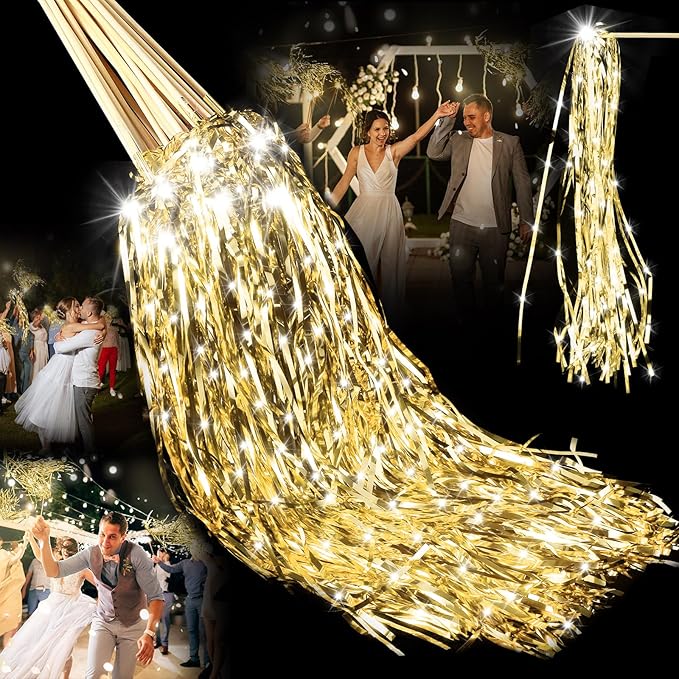 100 Pcs Lighted Wedding Wands LED Tinsel Wands Light up Streamers Sparklers for Wedding Send Off and Exits Birthday Party Props Favors(Gold)