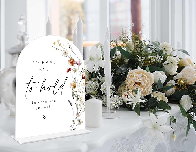 Boho Floral Wedding Blanket Sign, 6 x 8 Inch White Arch Acrylic Wedding Sign with Holder, Wedding Sign for Ceremony and Reception, Wedding Decoration, Wedding Supplies - BX30