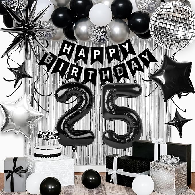 25th Birthday Decorations for Men Women, Black Silver Happy Birthday Party Decorations， 25 Year Old Party Supplies with Number 25 Balloons, Banner, Fringe Curtains Kit