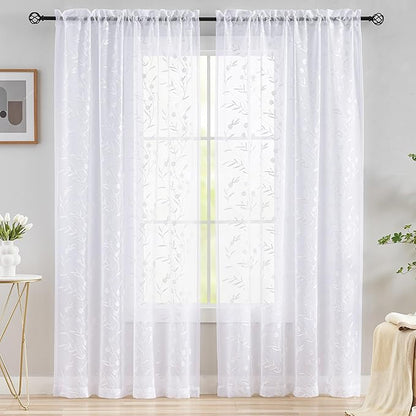 Embroidery Sheer Curtains White 95 Inches, Floral Pattern Window Treatments Rod Pocket Drapes for Living room, Bedroom, Semi Voile Curtain Panels for Yard, Patio, Villa, Parlor, Set of 2, 52"x 95".