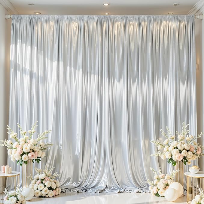 Silver Satin Backdrop Curtains 2 Panels - Glitter Photo Drapes for Baby Shower, 10x10FT Shimmer Back Drop Decor, Wrinkle Free for Birthday Party Prom Wedding Anniversary Background