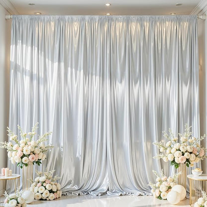 Silver Satin Backdrop Curtains 2 Panels - Glitter Photo Drapes for Baby Shower, 10x10FT Shimmer Back Drop Decor, Wrinkle Free for Birthday Party Prom Wedding Anniversary Background