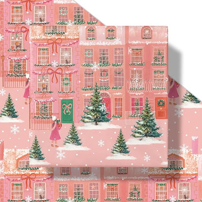 LeZakaa Pink Christmas Wrapping Paper Roll for Girls Kids, Winter Street Scene Romantic Townhouse with Snowflakes for Holiday Gifts, Family Friends, Winter Wonderland, Mini Roll 17 in x 16.4 Ft