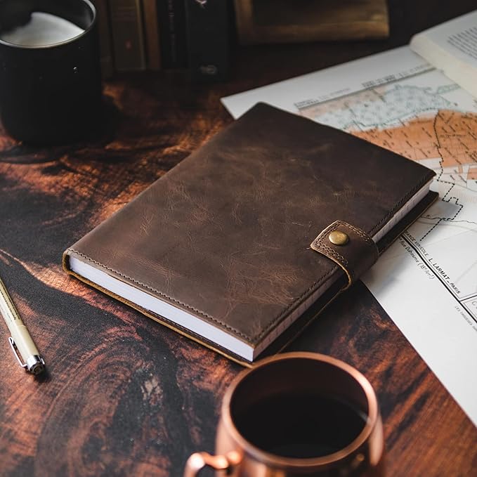 Refillable Leather Journal | Premium Lined A5 Notebook Cover | 200 Ruled Writing Pages | Card Holder Slot | Leather Bound Journals for Men & Women, Best Gift Travel Diary, Cool Planner