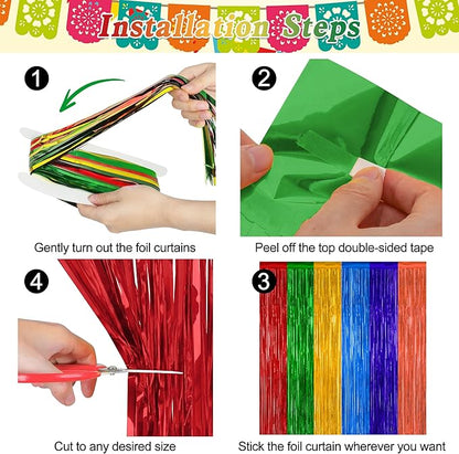 2 Pack Cinco De Mayo Decorations, 3.28 FT x 7.05 FT Fiesta Rainbow Backdrop, Mexican Style Fringe Curtains Tinsel Backdrop Party Streamer, Metallic Taco Party Decorations Mexican Decor