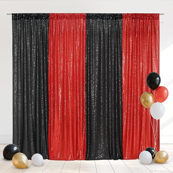 Eternal Beauty Black and Red Backdrop 4 PCS-2x8 Ft Sequin Curtain Panels for Christmas Party, Birthday