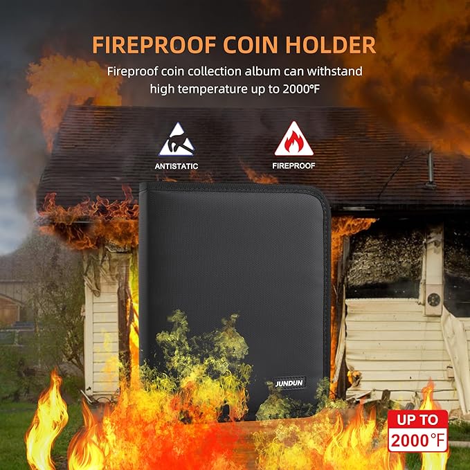 Fireproof Coin Collection Album for Collectors, 300 Pockets Coins Collecting Album & 36 Sleeves Money Storage Case for Coin Currency Collection Supplies, Bill, Pennies, Quarters, Stamp,F65C001B
