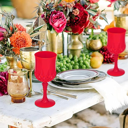 JLYLOL Plastic Vintage Wine Glasses 7OZ Plastic Goblets Vintage Drinking Glasses 48PCS Retro Wedding Glassware Water Goblets Reusable Drinking Cups for Party,Reception,Celebration,Bar,Whiskey(Red)