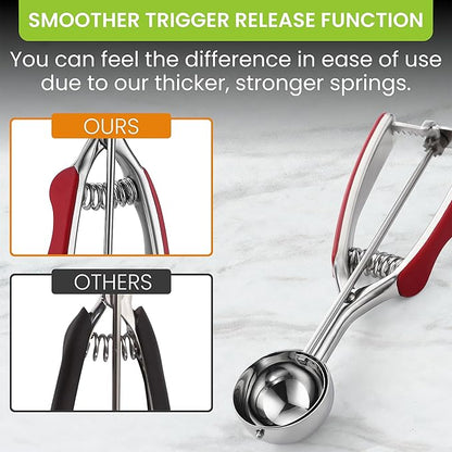 Spring Chef Red Medium 1.7 Tbsp Cookie Scoop for Baking - Stainless Steel #40 Melon Baller Scoop with Trigger Release - Multifunctional Food Scooper for Kitchen - Dishwasher Safe Cookie Baller