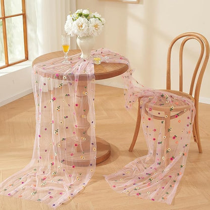 Pink Embroidery Daisy Fall Table Runner 120Inch 10FT Florals Soft Sheer Tulle Fabric Table Runner for Home Decor, Brithday, Wedding, Baby Shower ,Holiday ,Parties, DIY Craft,3PC