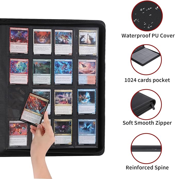 Snekdy premium 1024-pocket trading card binder, 16-pocket cards album, waterproof PU-leather Cover album with side loading, holds gaming, baseball, basketball & sports cards (Black)