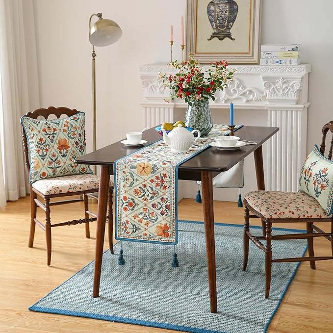 ISAENNE Designer Bohemian Elegant Linen Table Runner 87 Inches Long,Colorful Flower Pattern Table Runners for Dining Tables,Thanksgiving,Kitchen Tables,Christmas,12"*87"-Floralsea A