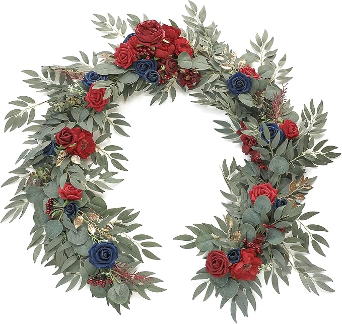 Floroom 6ft Artificial Eucalyptus Garland with Flowers Fake Greenery Faux Floral Vine Garland for Table Decor Wedding Centerpieces Bridal Shower Party Decorations, Dark Red Burgundy Navy