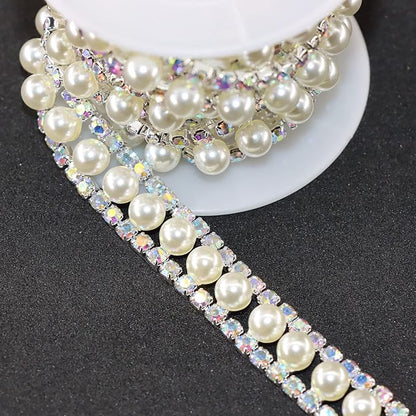 Jerler Rhinestone Trim Applique 1 Yard 2 Rows Crystal Chain Banding Diamond Inlaid White Pearl Beaded Rhinestones for Crafts Clothing and Bridal Embellishments Wedding Ideas Christmas Decorations