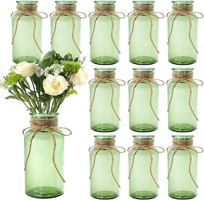 Vintage Glass Flower Vase，12 Pack Green Farmhouse Glass Centerpiece Vases Mason Jars for Weddings, Parties & Home Decor Bulk (12, Green)