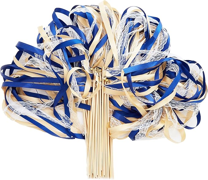 100 Pack Ribbon Wedding Wands Sticks Wedding Party Favors Streamers with Gold Bells and Lace Silk Fairy Wand for Party Activities Baby Shower Holiday Celebration