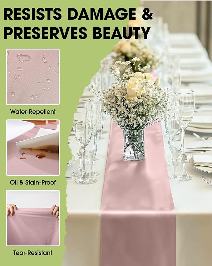 Pureegg Dusty Pink Plastic Table Runners - 10 Pack, 14'' x 108'', Water Resistant & Disposable Centerpiece Decorations for Table Cloth, Wedding, Birthday, Holiday, Baby Shower, Party, Home Decor