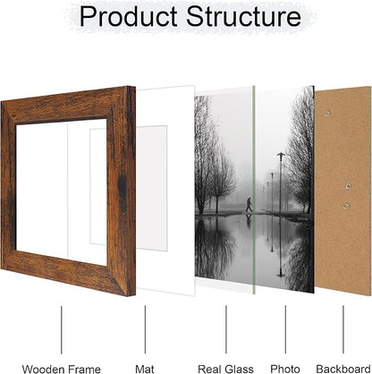 6x6 Picture Frame Set of 4 with Real Glass, Rustic Frames Display 4x4 Picture with Mat or 6 x 6 Without Mat, Square Photo Frame for Wall Mount and Tabletop Display