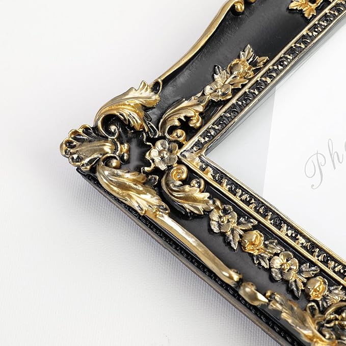 Cuspin Vintage Black and Gold Picture Frame 5x7, Ornate Baroque Resin Handcrafted Picture Frames with Glass Front, Antique Textured Design Decorative Frame for Tabletop & Wall Display
