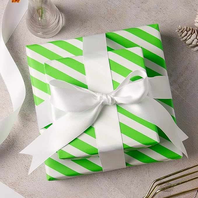 WRAPAHOLIC Reversible Wrapping Paper - Mini Roll - 17 Inch x 33 Feet - Green and Stripes Design for Birthday, Holiday, Wedding, Baby Shower