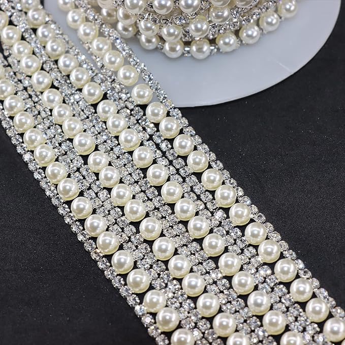 Jerler Rhinestone Trim Applique 5 Yards 2 Rows Crystal Chain Banding Diamond Inlaid White Pearl Beaded Rhinestones for Crafts Clothing and Bridal Embellishments Wedding Ideas Christmas Decorations