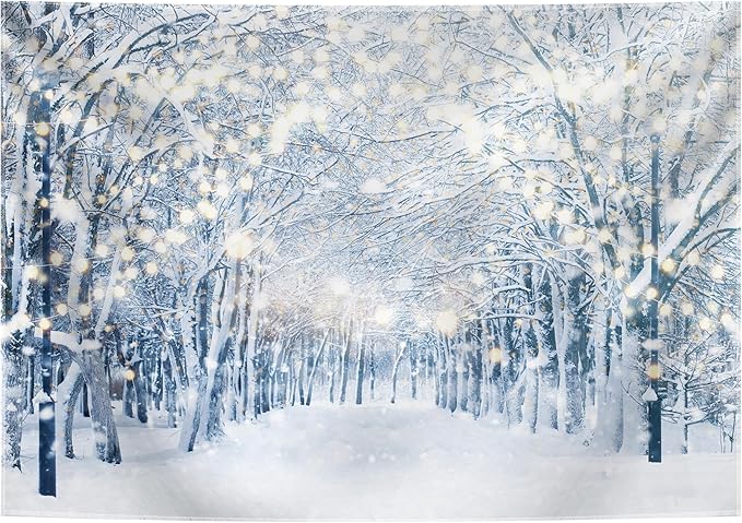 12x8FT Winter Snowy Scene Photography Backdrop Winter Wonderland Landscape Snowflake Tree Snowy Background Bokeh Glitter White Snow Forest Party Photo Booth Studio Props