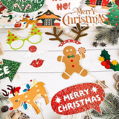 HOWAF 30 Pcs Christmas Photo Booth Props - Merry Christmas Paper Photo Frame, Funny Santa & Gingerbread Photo Props for Xmas Holiday Party Decoration, Selfie Frame Props