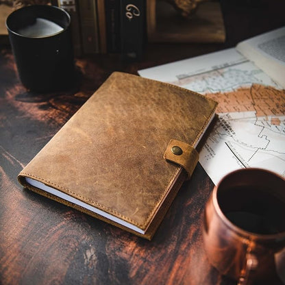Refillable Leather Journal | Premium Lined A5 Notebook Cover | 200 Ruled Writing Pages | Card Holder Slot | Leather Bound Journals for Men & Women, Best Gift Travel Diary, Cool Planner
