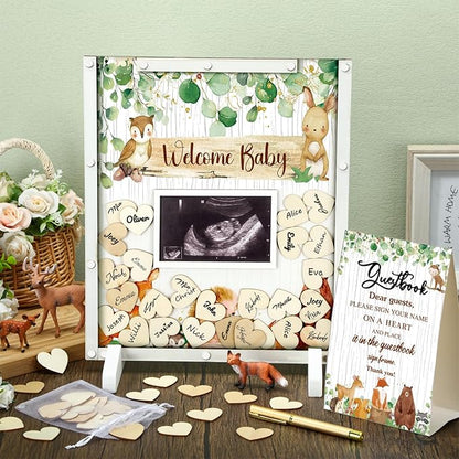 65 Pcs Woodland Animal Baby Shower Guest Book Alternatives He or She Gender Reveal Baby Shower Decorations Sign in Guest Book with Picture Frame and 60 Wooden Chip
