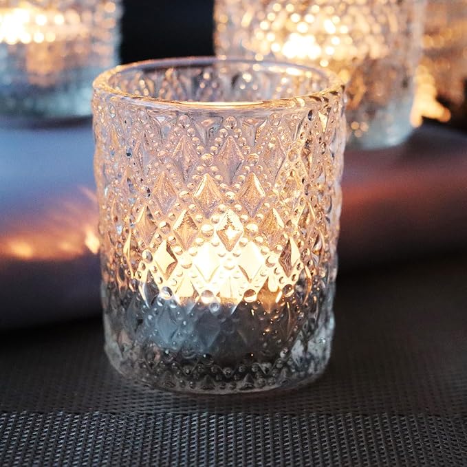 Clear Glass Votive Candle Holders, 12 pcs 3 Patterns Tealight Candle Holders for Wedding Table Centerpiece Birthday Party Thanksgiving Christmas Decoration