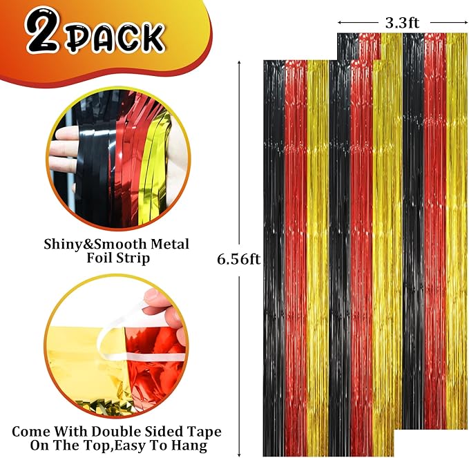 2 Pack Red Black Gold Foil Fringe Backdrop Curtains, Tinsel Streamers Party Decorations, Fringe Backdrop, Door Shimmer for Thanksgiving Day or Birthday Party