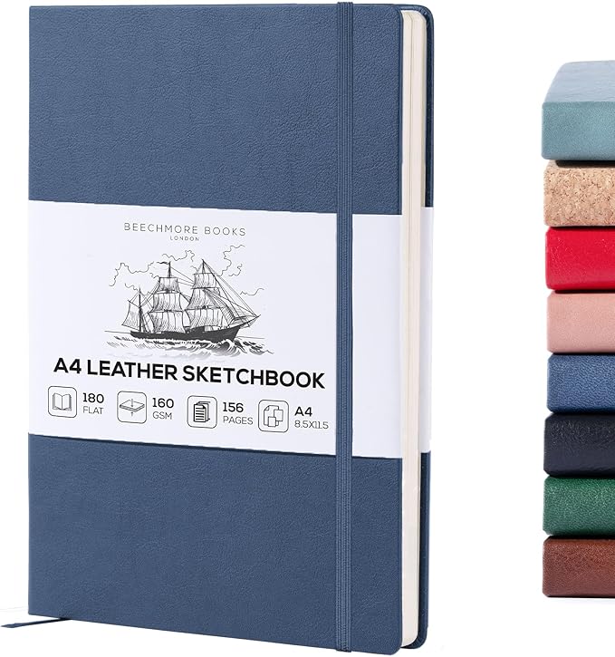 Beechmore Books A4 Sketchbook – 8.5x11 Premium Vegan Leather Bound Large Sketch Book Hardcover with 156 Thick 160gsm Perforated Ivory Pages, Blank Sketch Pad, Gift Boxed, Back Pocket, Ribbon Bookmark