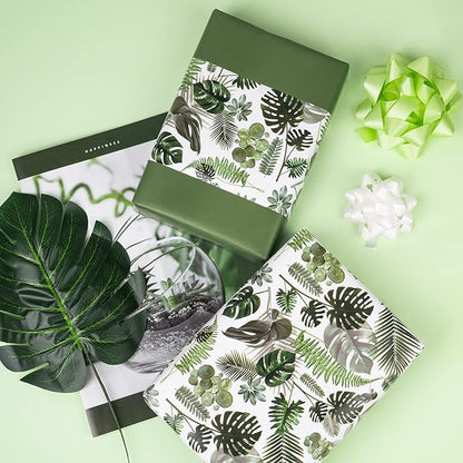 WRAPAHOLIC Reversible Tropical Wrapping Paper - Mini Roll - 17 Inch X 33 Feet - Green Monstera Leaf Hawaii Wrapping Paper for Birthday, Wedding, Bridal Shower, Baby Shower