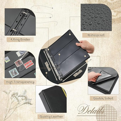 Lewtemi Stamp Collecting Albums Set Stamp Collection Book Include 20 Pages Album Binder Tweezer and Loop Magnifier Collecting Supplies for Collectors(Black,1/2/3/4 Rows)