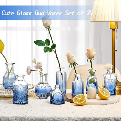 Bud Vases Set of 24, Gradient Blue Vintage Small Vases for Flowers, Clear Crystal Mini Glasses in Bulk, Small Flower Design for Centerpieces Wedding Home Flower Party Decor