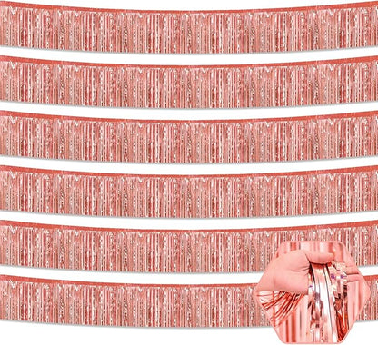 6 Pack 10 Feet Rose Gold Foil Fringe Garland Metallic Tinsel Streamers Banner Wall Hanging Curtain Backdrop for Parade Floats, Birthday, Graduate, Mother's Day, Wedding Party Decoration