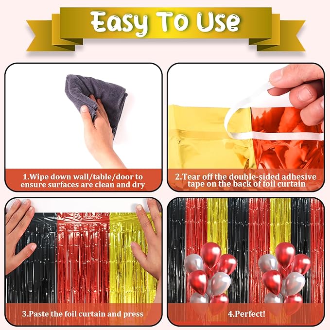 2 Pack Red Black Gold Foil Fringe Backdrop Curtains, Tinsel Streamers Party Decorations, Fringe Backdrop, Door Shimmer for Thanksgiving Day or Birthday Party